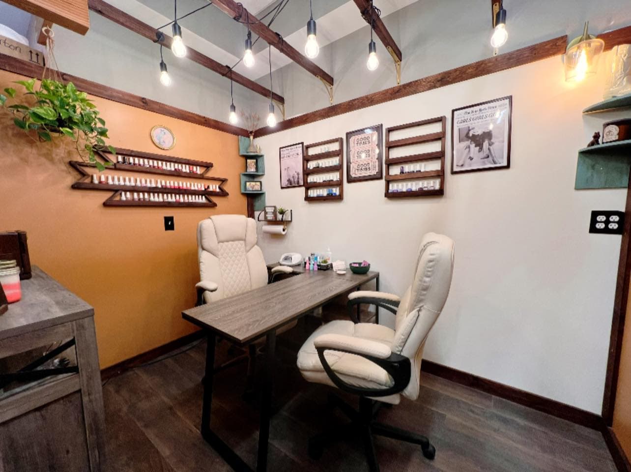 Waiting area with cowboy hats and warm Western styling